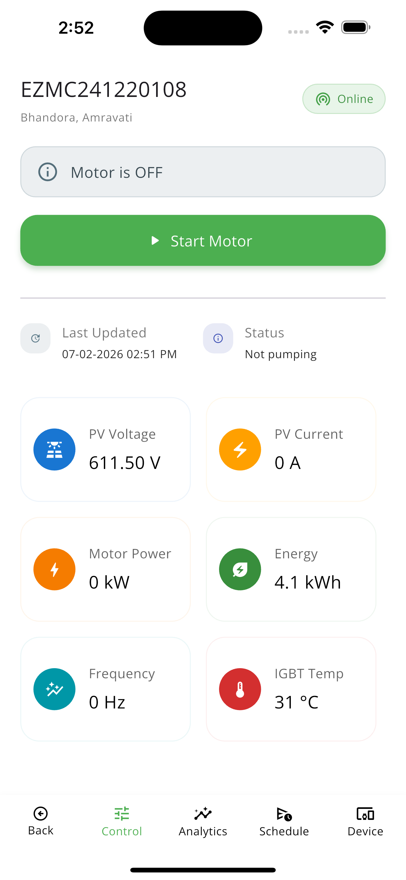 Ecozen Connect live monitoring and motor control screen