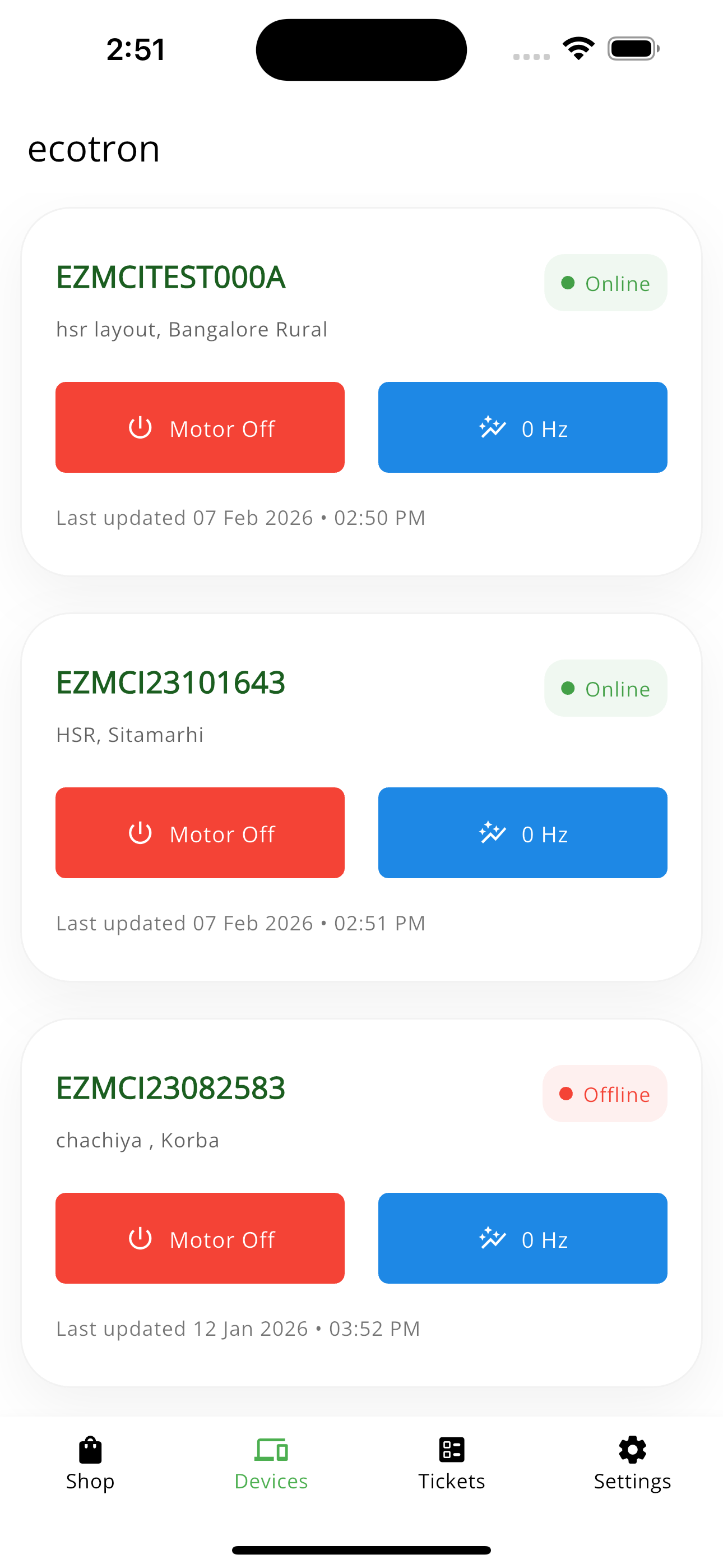 Ecozen Connect device dashboard screen